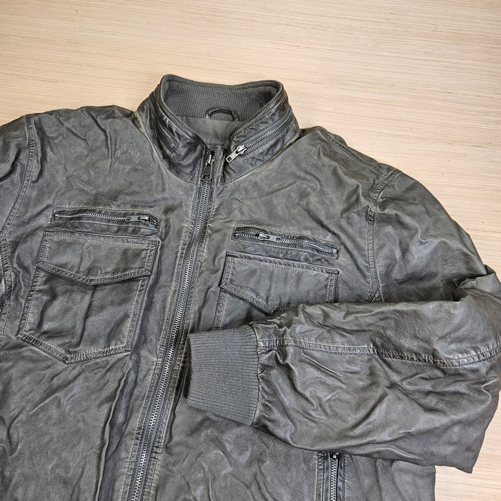 Black Rivet Faux Leather Jacket Mens XXL Grey Moto Bomber Full Zip BK4AU964 READ